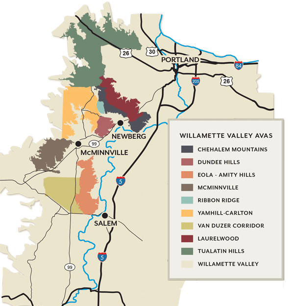 map of the wine region in Willamette Valley Oregon in relation to Portland, McMinville, Salem, and Newberg