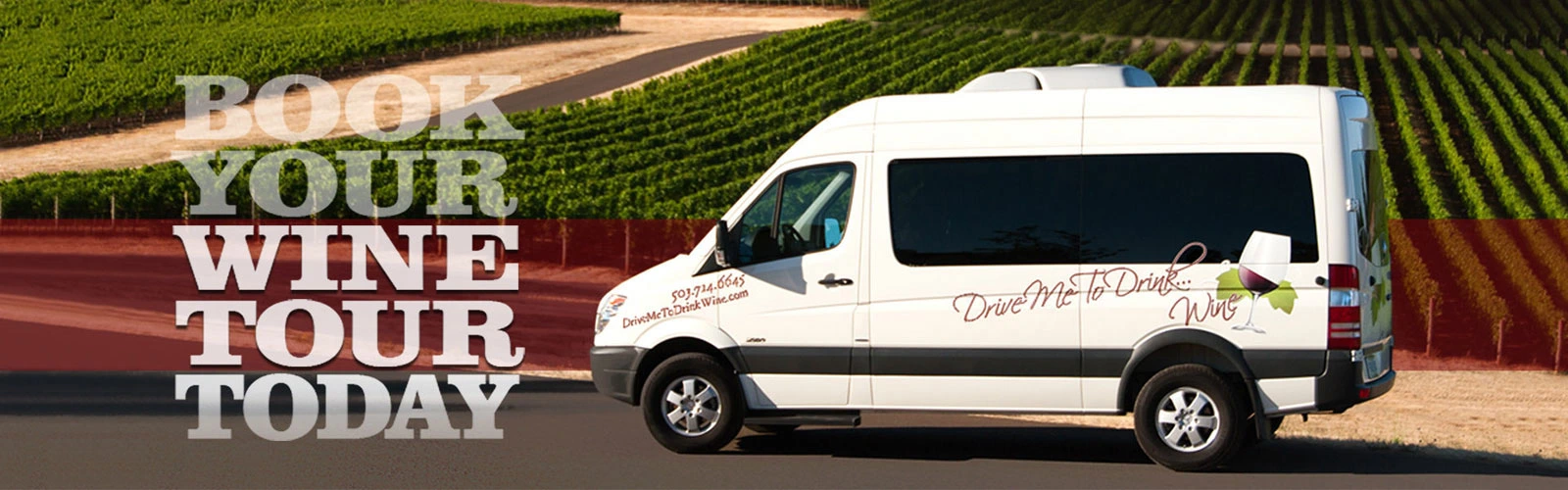 Drive Me To Drink Wine Sprinter van in the Willamette Valley vineyard, ready for a private wine tour.